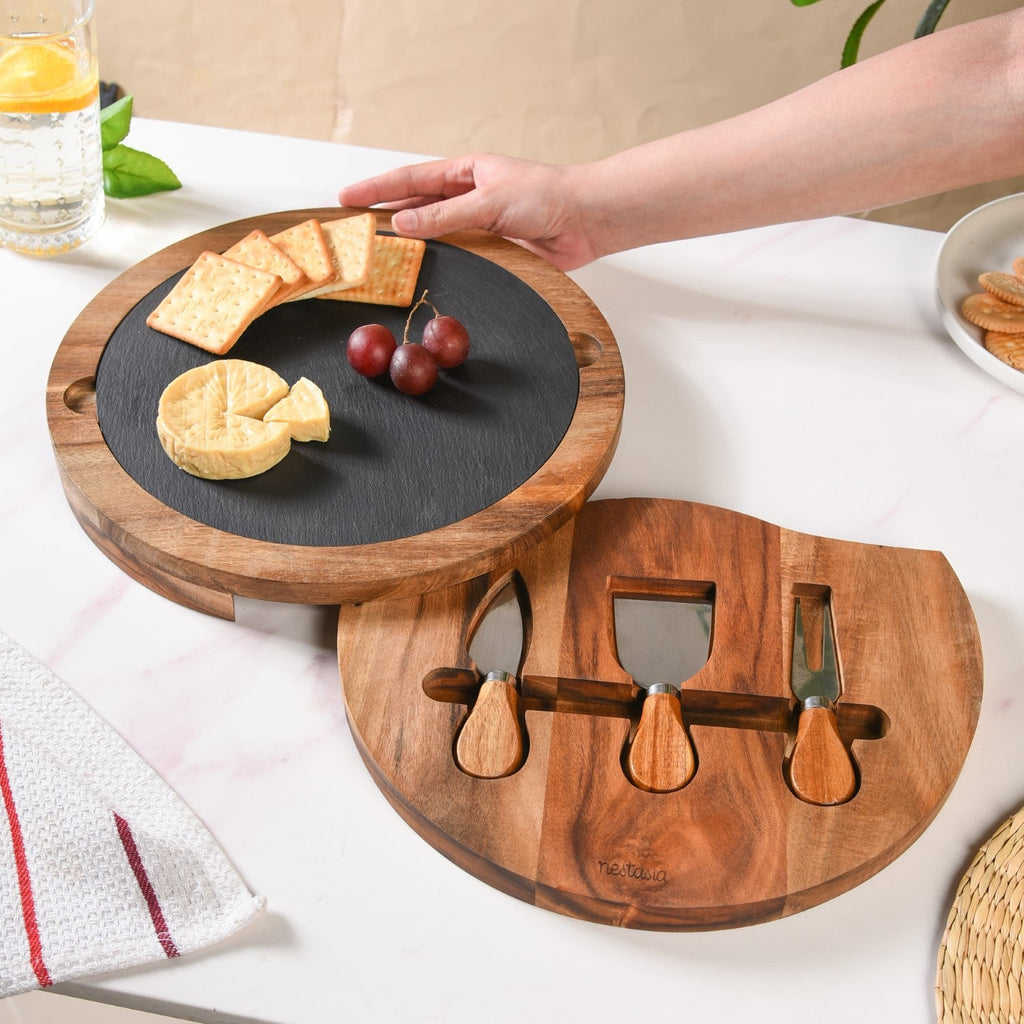 Round Wooden Charcuterie Board With Cheese Knives Nestasia