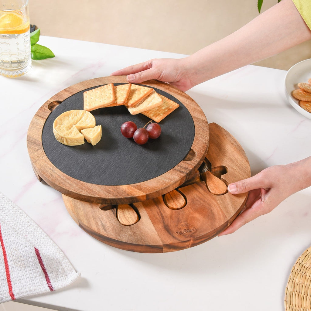 Round Wooden Charcuterie Board With Cheese Knives Nestasia