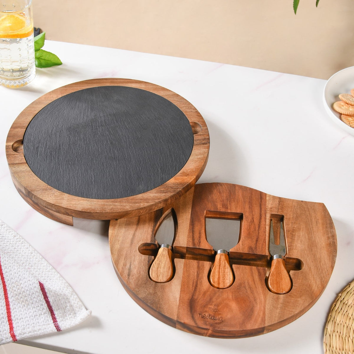 Round Wooden Charcuterie Board With Cheese Knives Nestasia