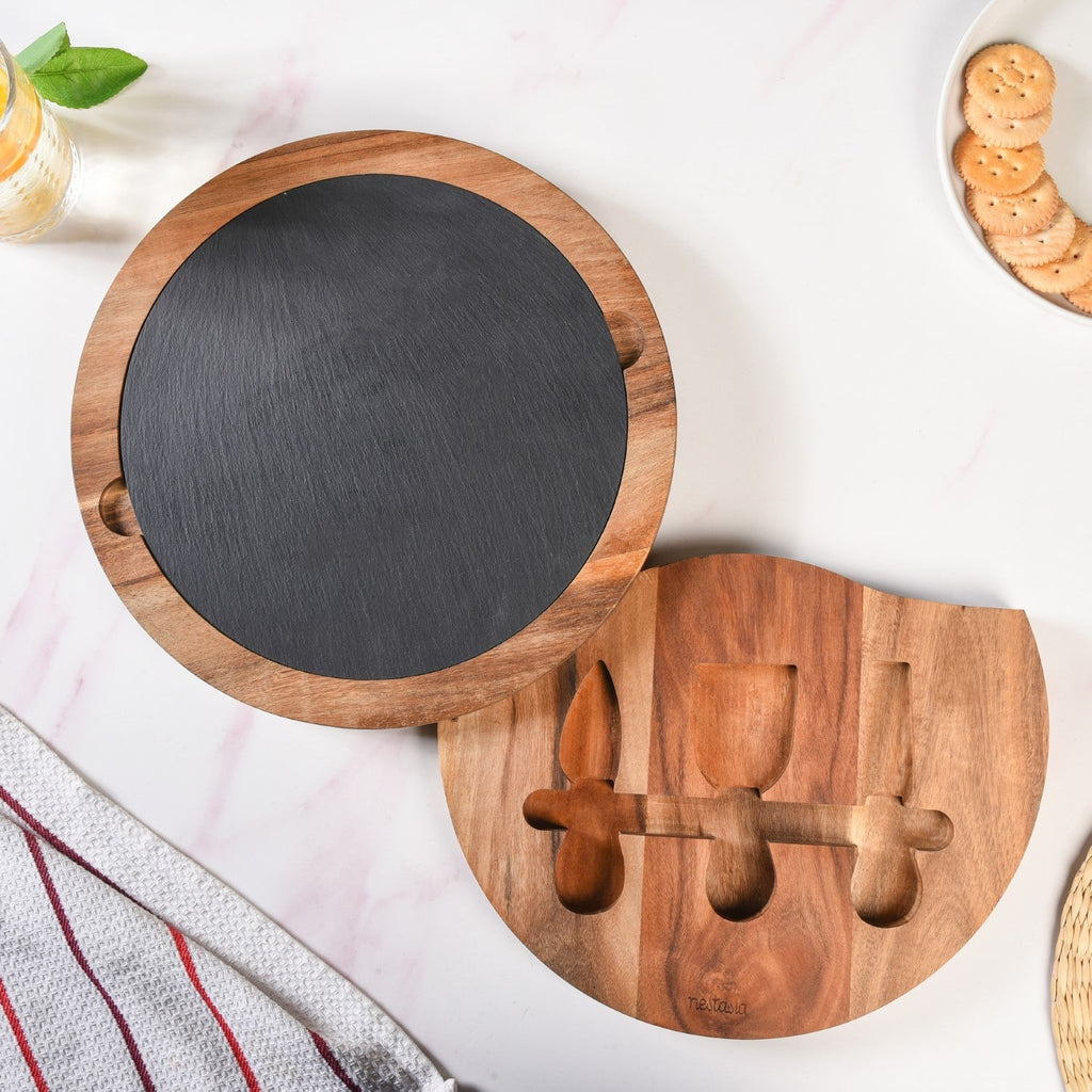 Round Wooden Charcuterie Board With Cheese Knives Nestasia