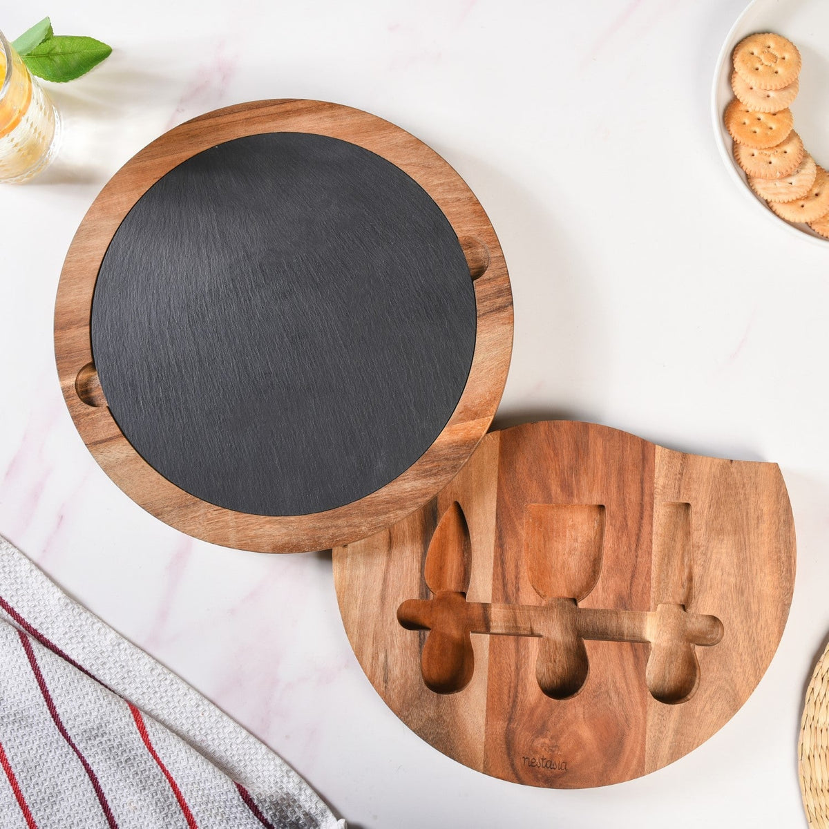 Round Wooden Charcuterie Board With Cheese Knives Nestasia