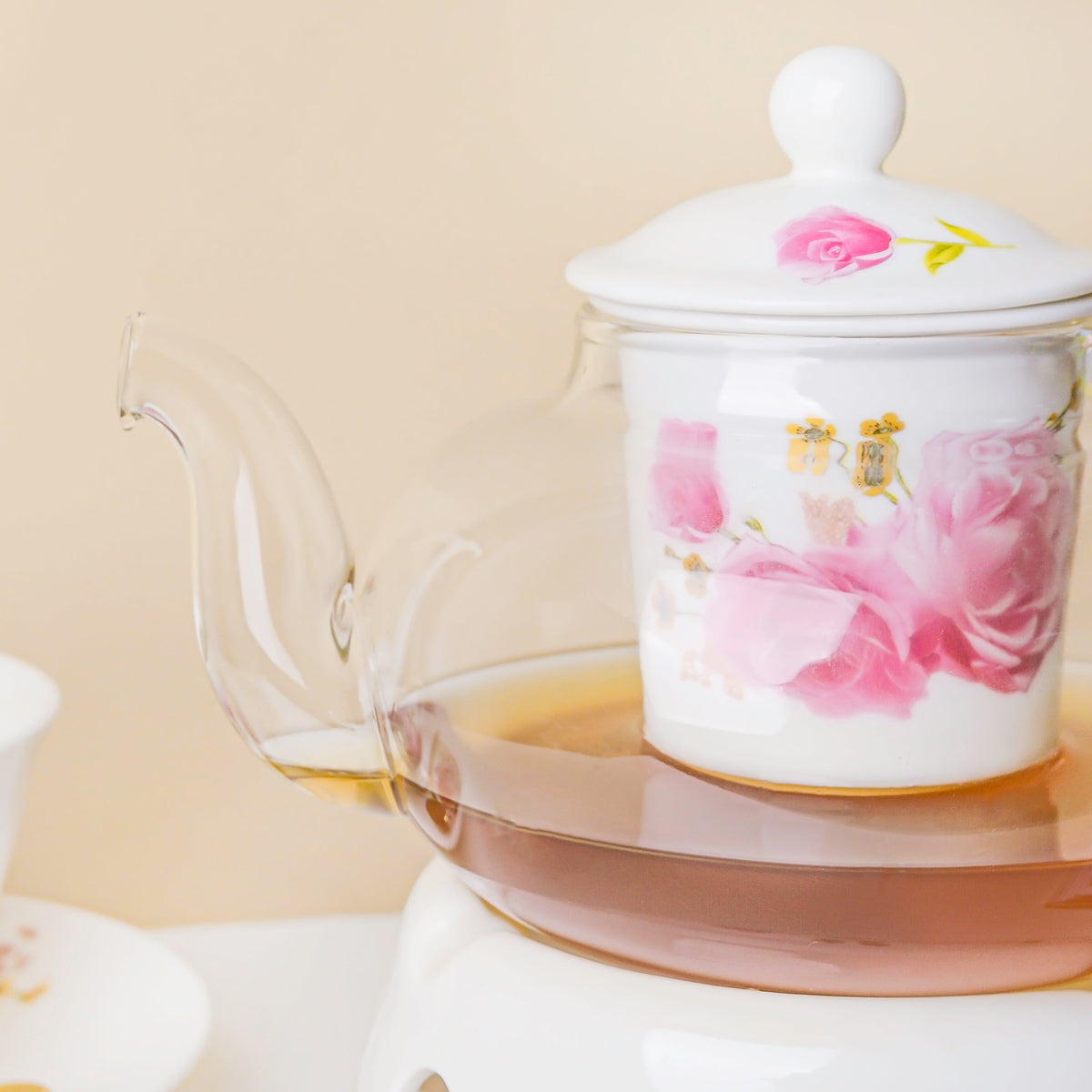 Cherry Rose Glass Teapot With Warmer Base 700 ml Nestasia
