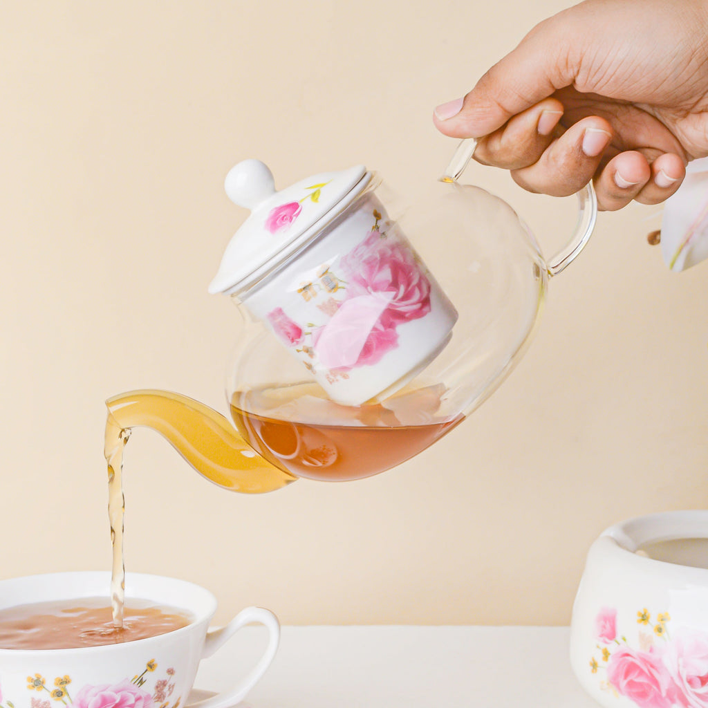 Cherry Rose Glass Teapot With Warmer Base 700 ml Nestasia