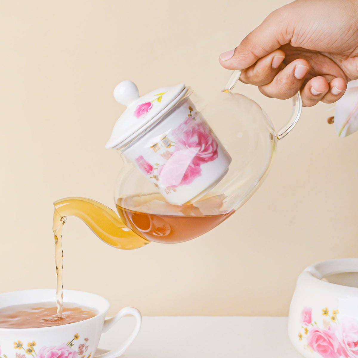 Cherry Rose Glass Teapot With Warmer Base 700 ml Nestasia