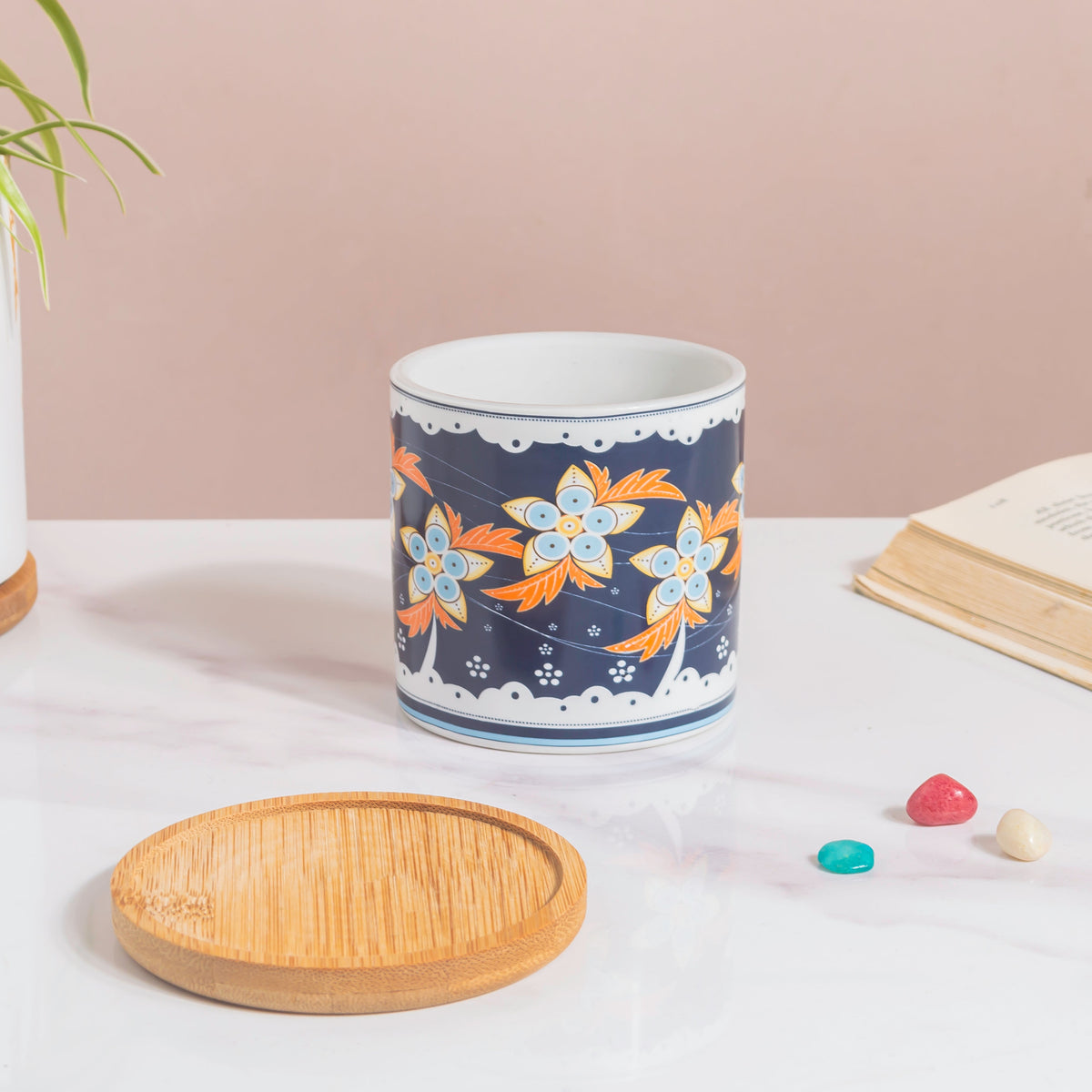 Bloom Fiesta Botanical Planter Blue With Wooden Coaster Nestasia