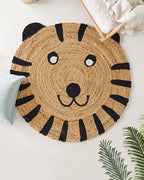 Handwoven Tiger Design Beige Round Jute Carpet For Bedroom And Hall