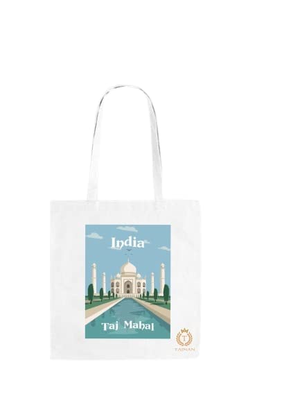 TAJNAN Reusable Tote Bags|100% Organic Cotton Grocery Bag|Eco-Friendly, Multi-Purpose Bag|Sturdy Canvas Bag with 15kgs Capacity | Multiple Stylish Designs,Pack of 1(Taj Mahal Bag)
