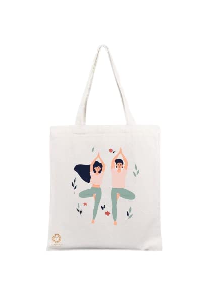 TAJNAN Reusable Tote Bags|100% Organic Cotton Grocery Bag|Eco-Friendly, Multi-Purpose Bag|Sturdy Canvas Bag with 15kgs Capacity | Multiple Stylish Designs,Pack of 1 (Yoga) - Best Gift for Valentines