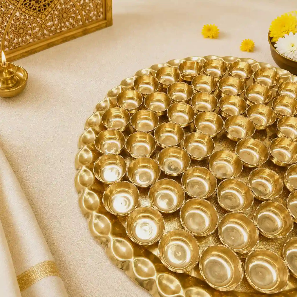 Brass Chappan Bhog Thali With 56 Prasad Bowls Set (23 Inch) Vedansh Craft