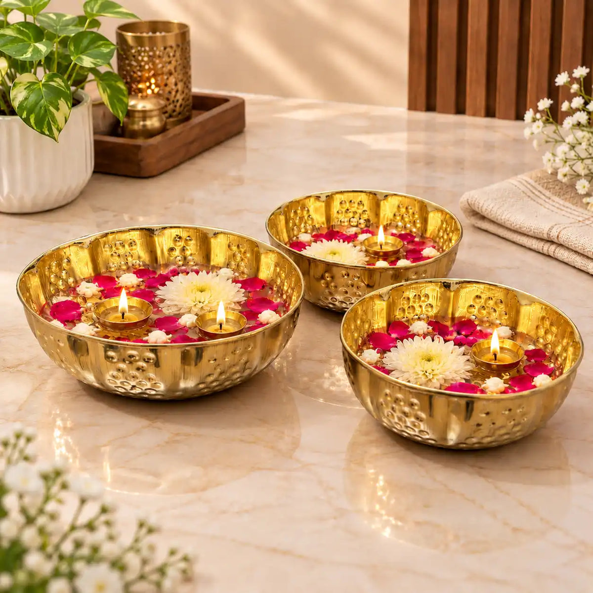Brass Hammered Urli Bowl (Set of 3) Vedansh Craft
