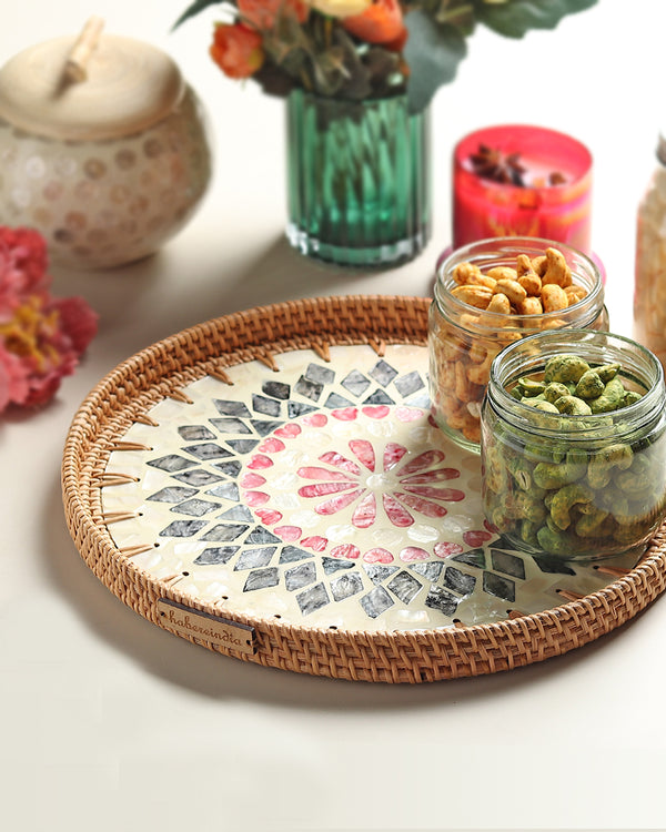 Rustic Handmade Round Cane Tray with Rangoli Mosaic for Stylish Serving and Display
