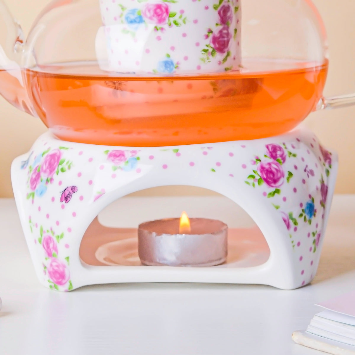 Magnolia Pink And Blue Glass Teapot With Warmer Base 700 ml Nestasia