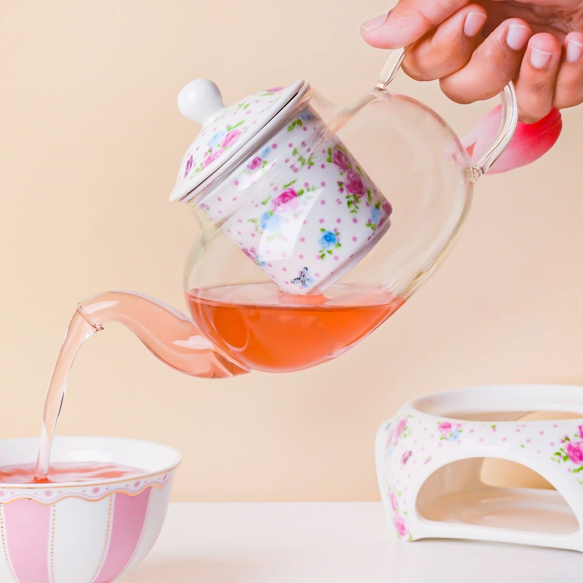 Magnolia Pink And Blue Glass Teapot With Warmer Base 700 ml Nestasia