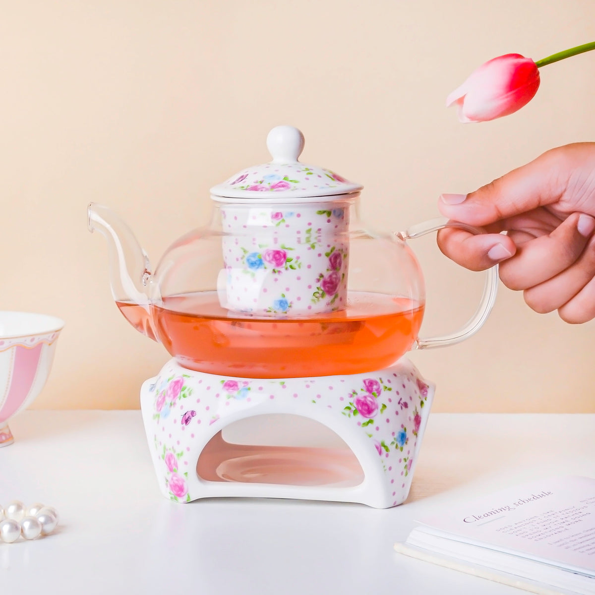 Magnolia Pink And Blue Glass Teapot With Warmer Base 700 ml Nestasia
