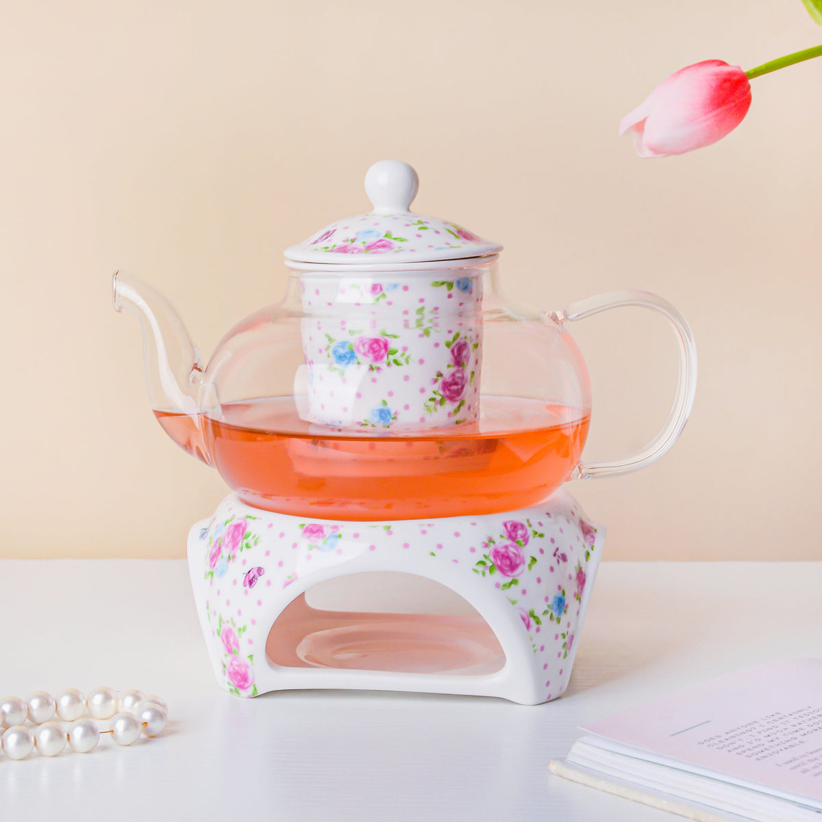 Magnolia Pink And Blue Glass Teapot With Warmer Base 700 ml Nestasia