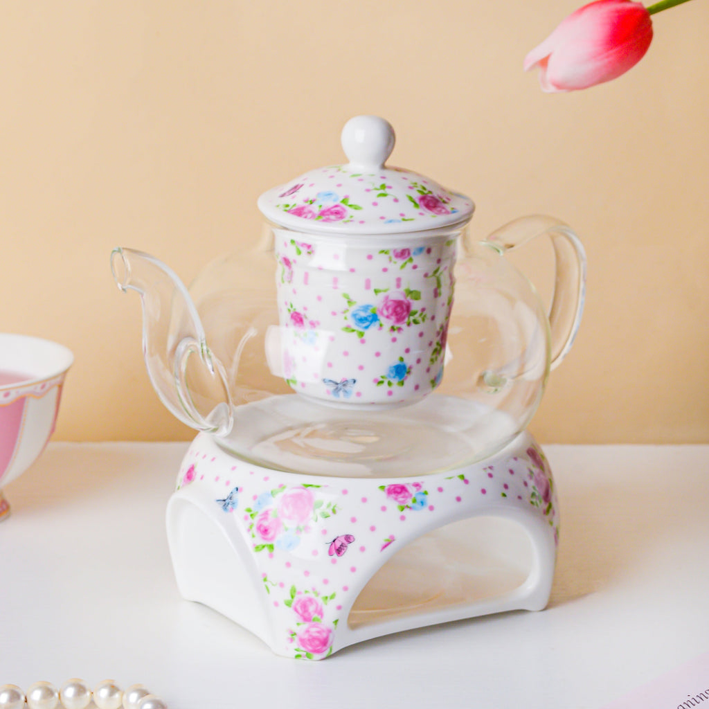 Magnolia Pink And Blue Glass Teapot With Warmer Base 700 ml Nestasia