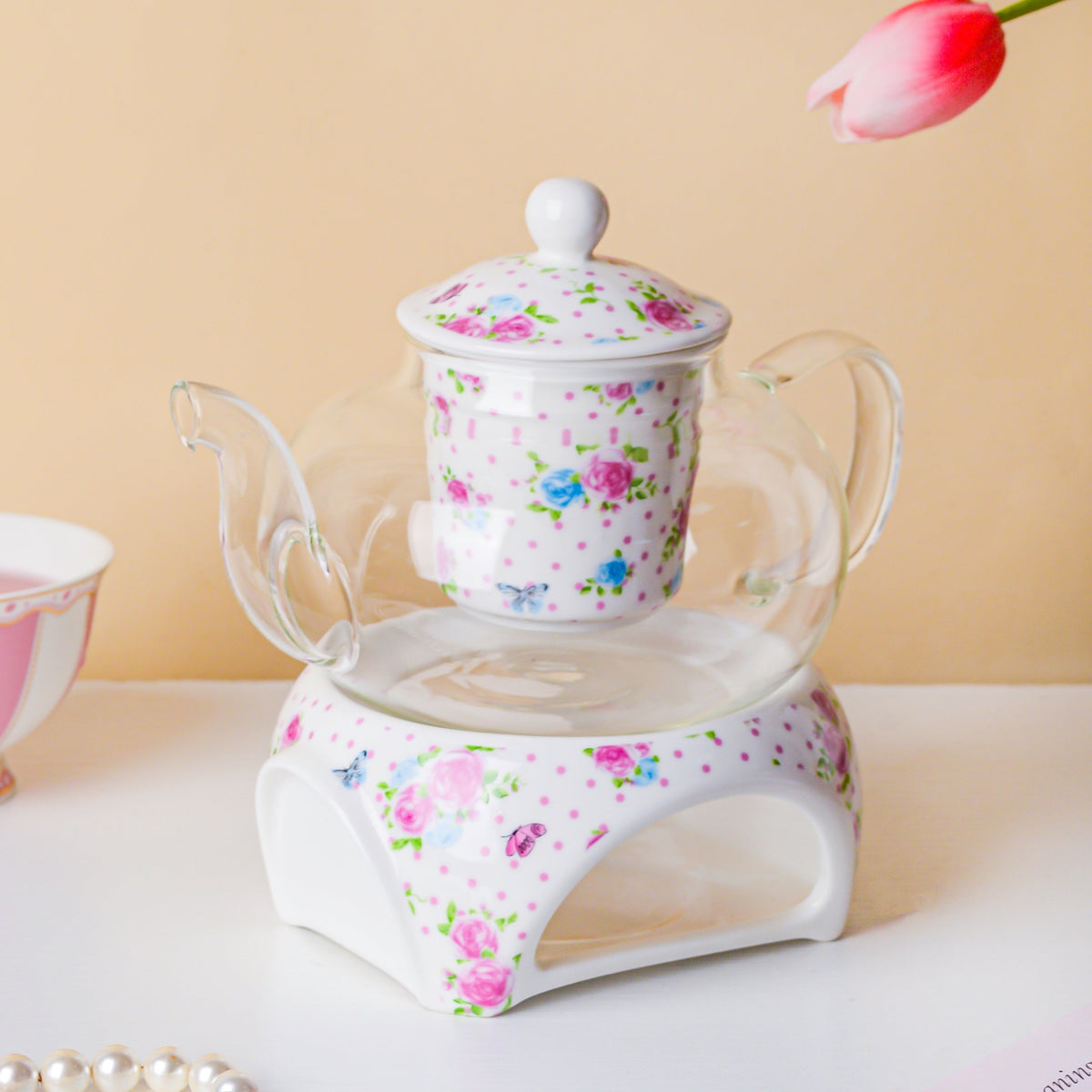 Magnolia Pink And Blue Glass Teapot With Warmer Base 700 ml Nestasia