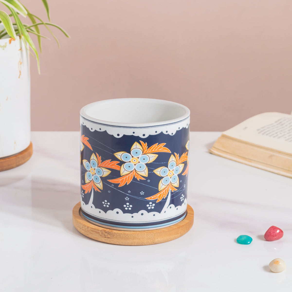 Bloom Fiesta Botanical Planter Blue With Wooden Coaster Nestasia