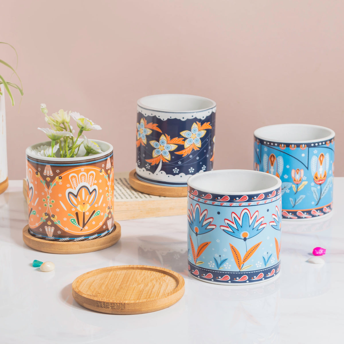 Cerulean Bloom Botanical Planter With Wooden Coaster Nestasia