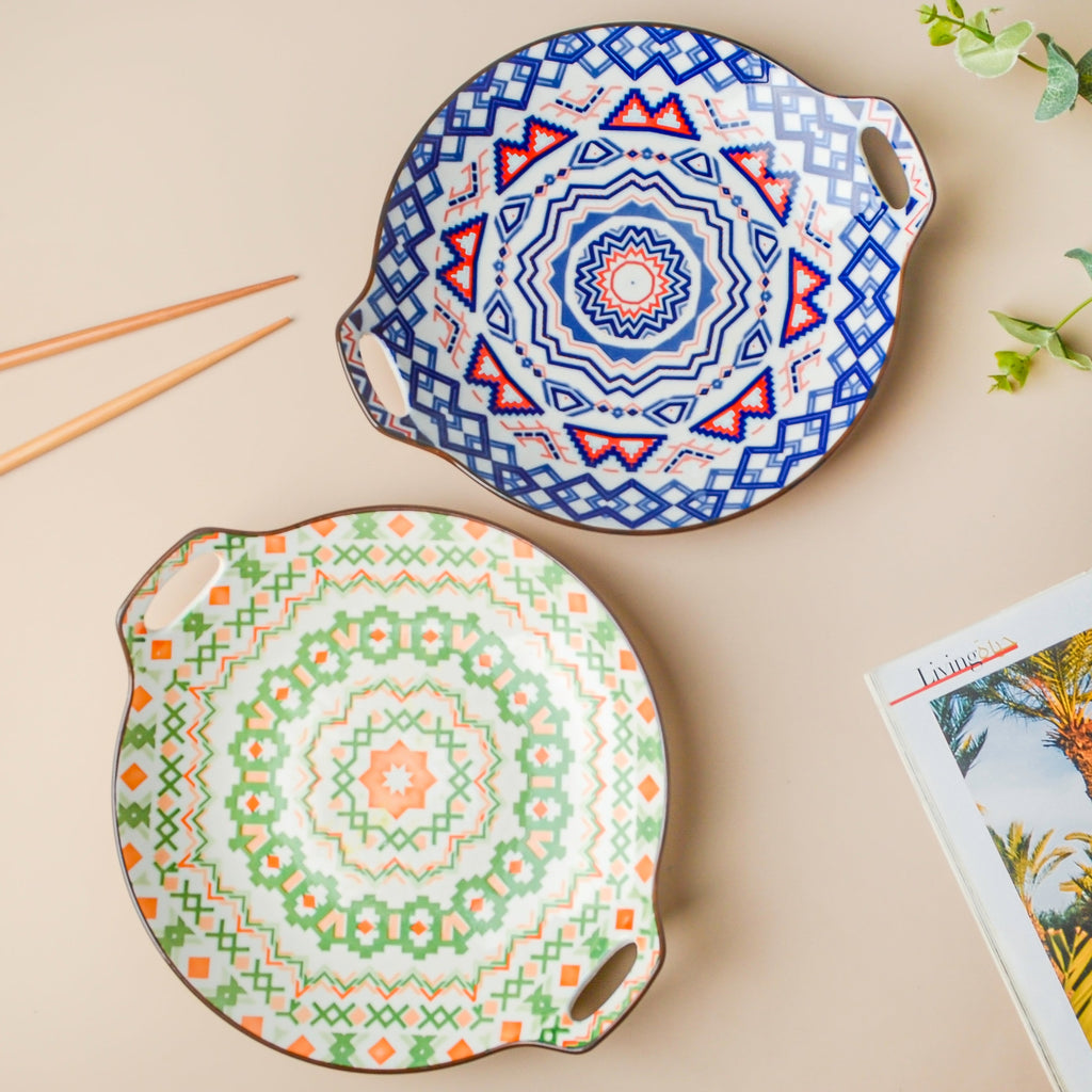 Mandala Round Ceramic Platter With Handle Green Nestasia
