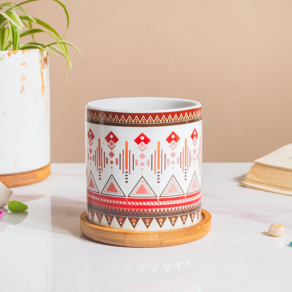 Noor Art Multicolor Ceramic Planter With Wooden Coaster Nestasia