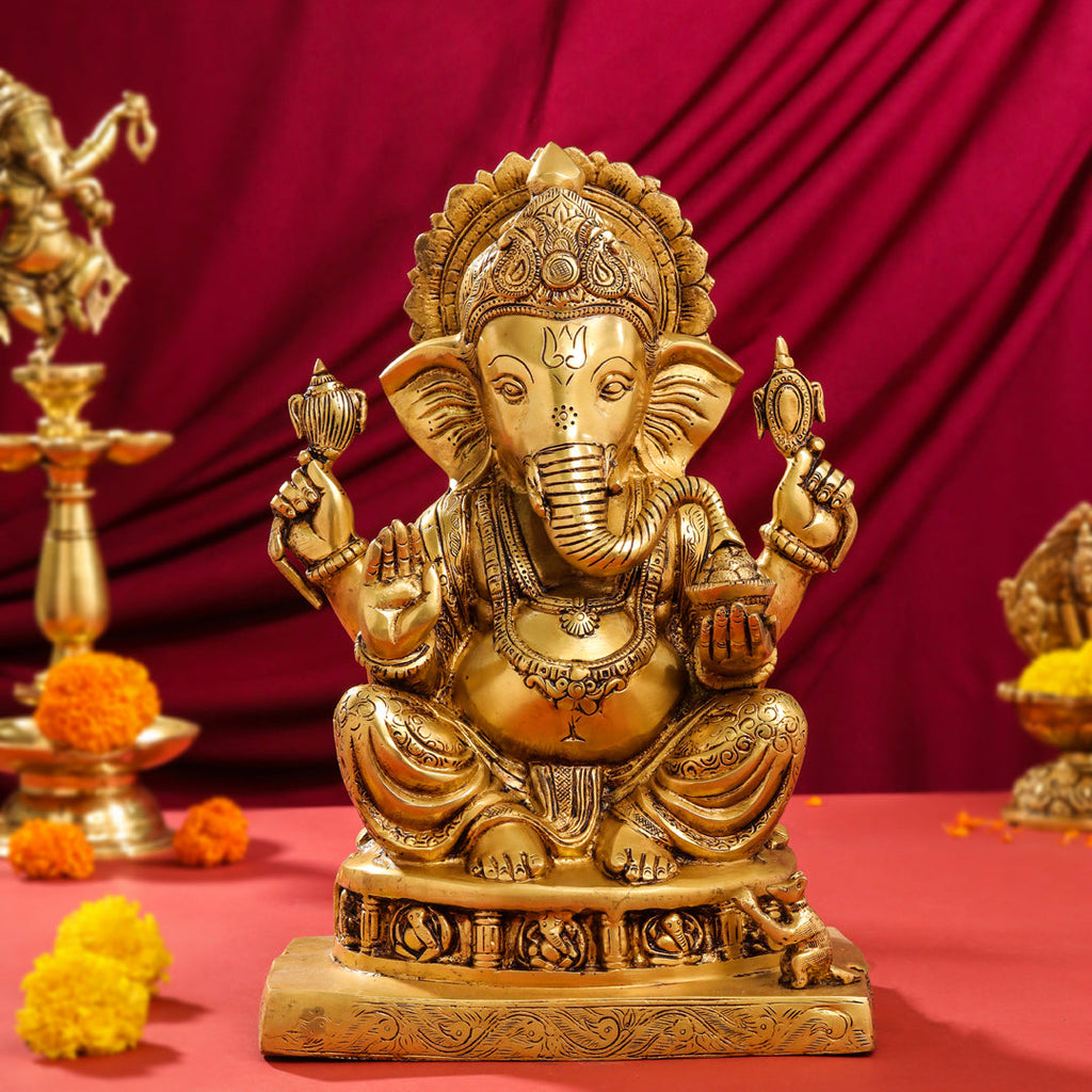 Brass Superfine Lord Sitting Ganesha Idol (14") Vedansh Craft