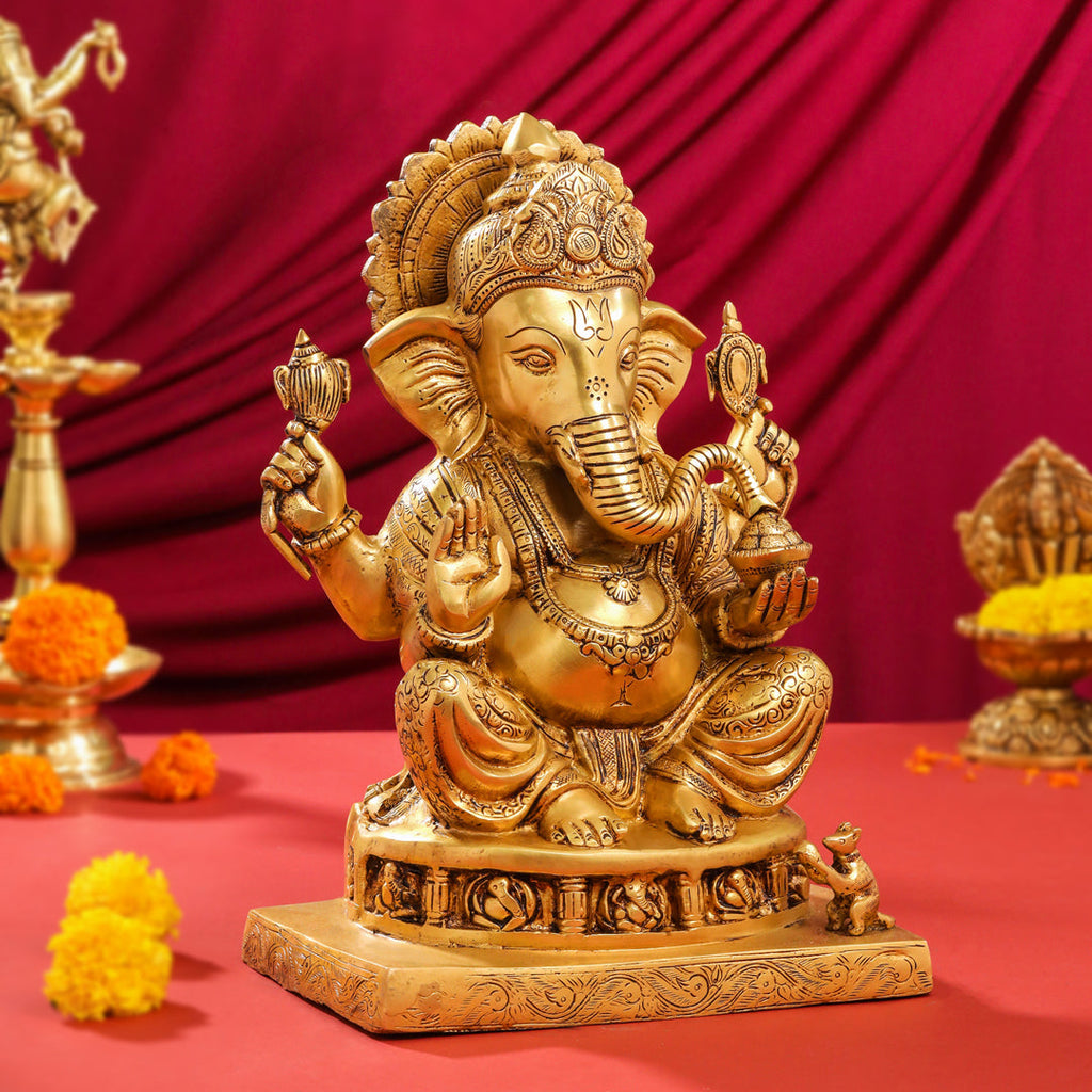 Brass Superfine Lord Sitting Ganesha Idol (14") Vedansh Craft