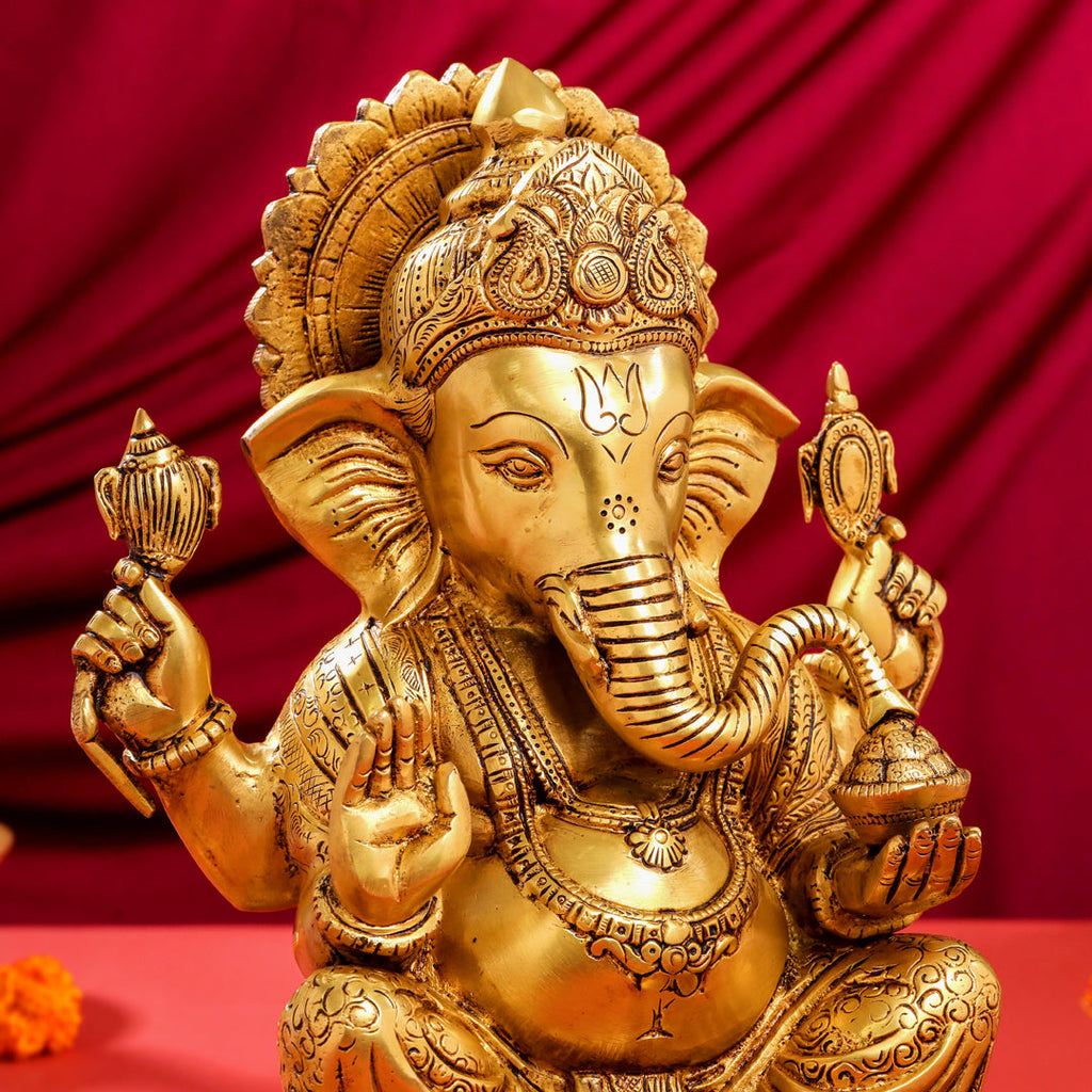 Brass Superfine Lord Sitting Ganesha Idol (14") Vedansh Craft