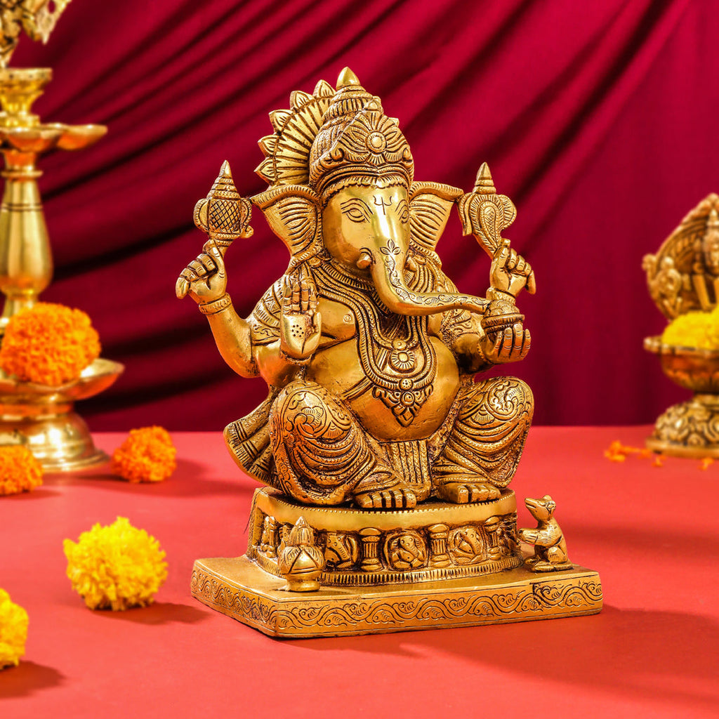 Brass Lord Sitting Ganesha Idol (10.5 Inch) Vedansh Craft