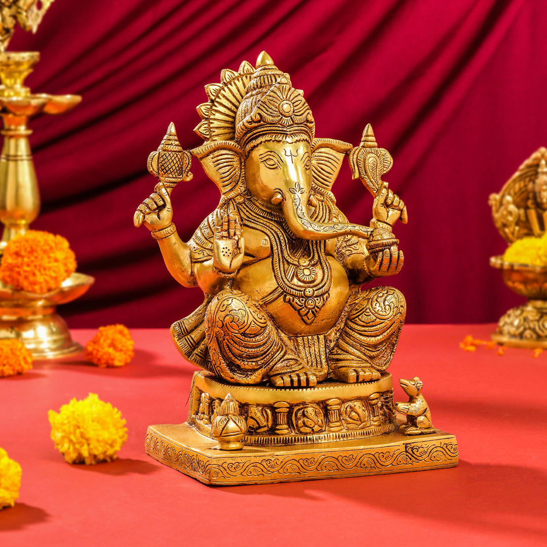 Brass Lord Sitting Ganesha Idol (10.5 Inch) Vedansh Craft