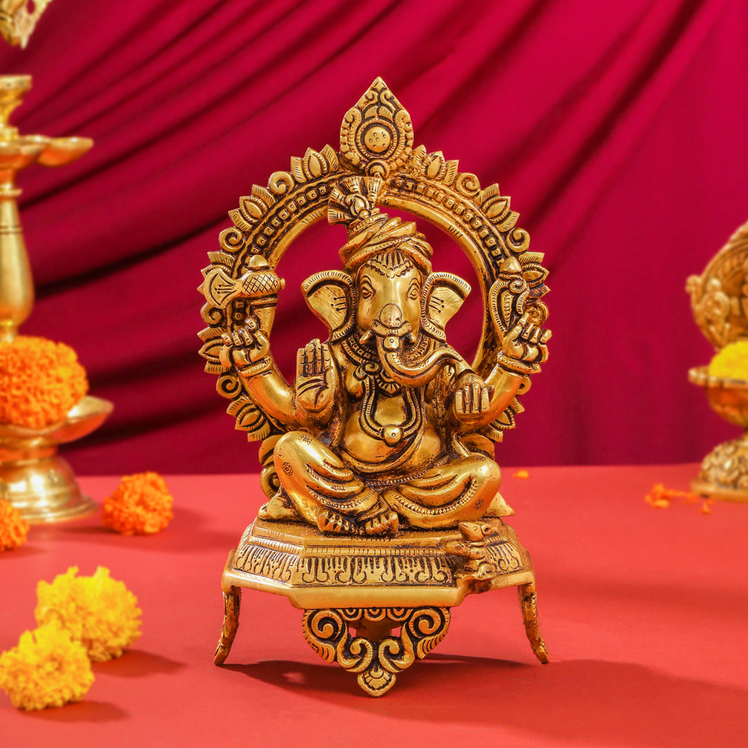 Brass Sitting Ganesha And Lakshmi On Throne Set (11 Inch) Vedansh Craft