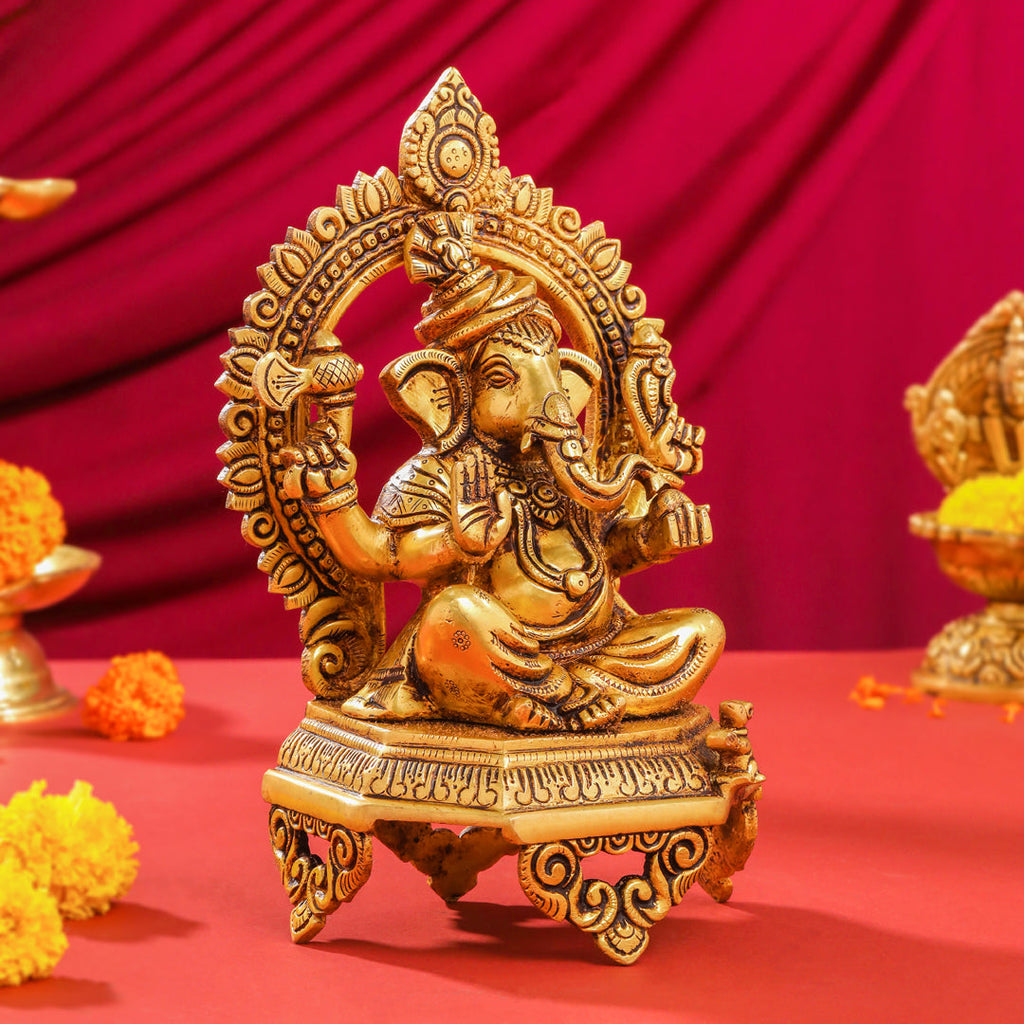 Brass Sitting Ganesha And Lakshmi On Throne Set (11 Inch) Vedansh Craft