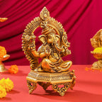 Brass Sitting Ganesha And Lakshmi On Throne Set (11 Inch) Vedansh Craft
