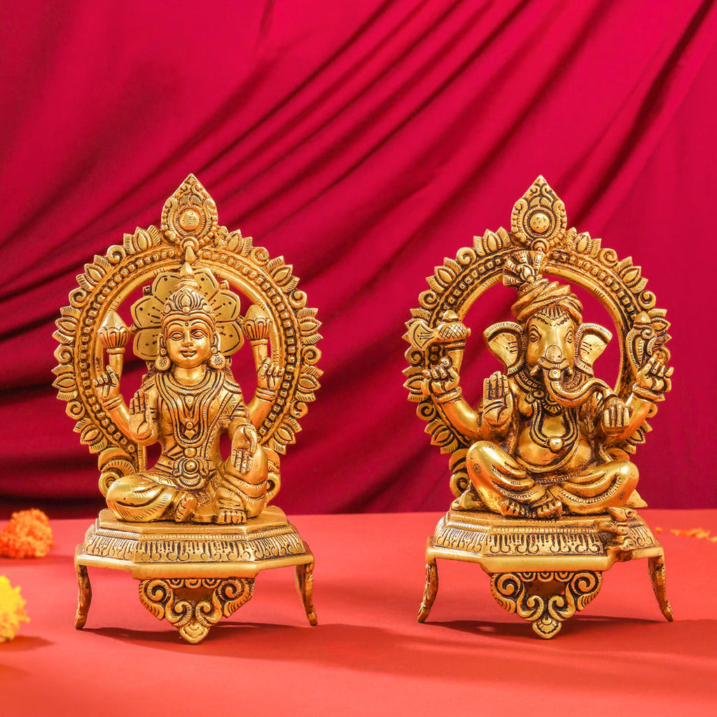 Brass Sitting Ganesha And Lakshmi On Throne Set (11 Inch) Vedansh Craft