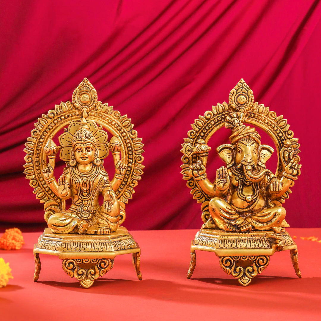 Brass Sitting Ganesha And Lakshmi On Throne Set (11 Inch) Vedansh Craft