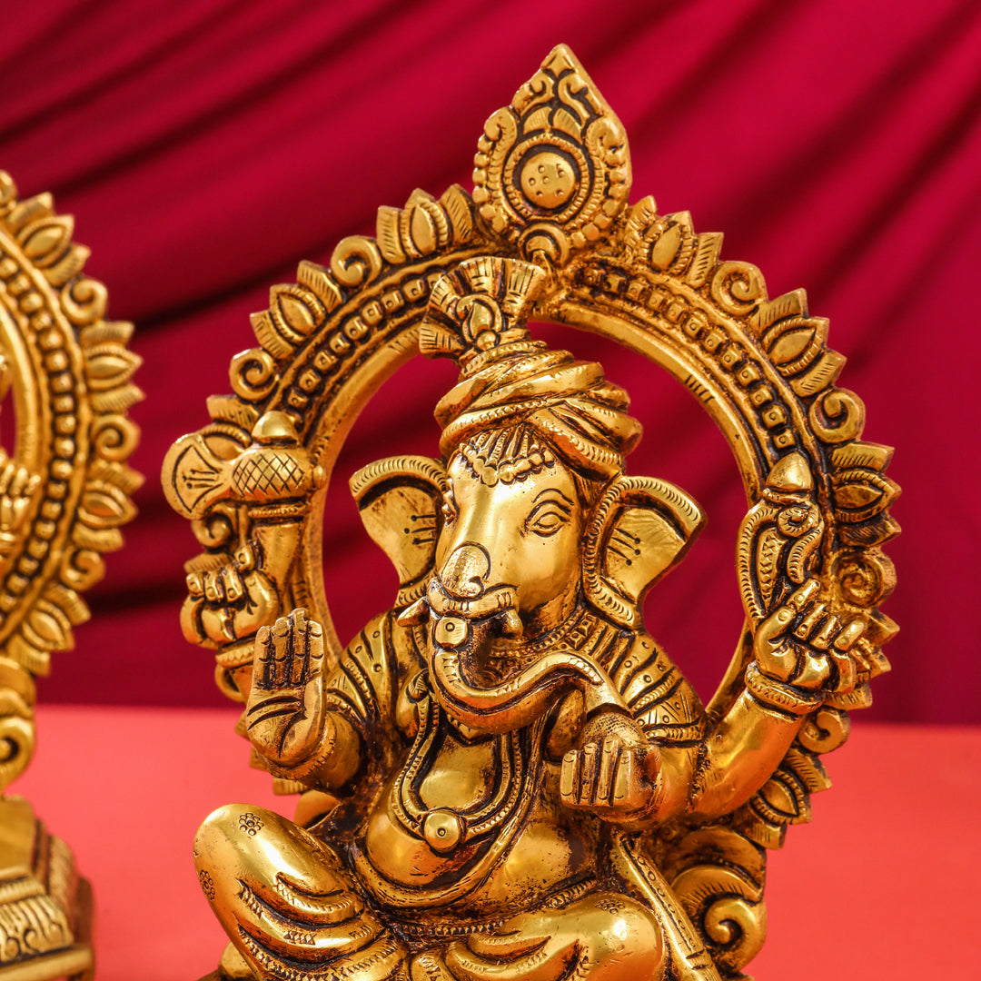 Brass Sitting Ganesha And Lakshmi On Throne Set (11 Inch) Vedansh Craft