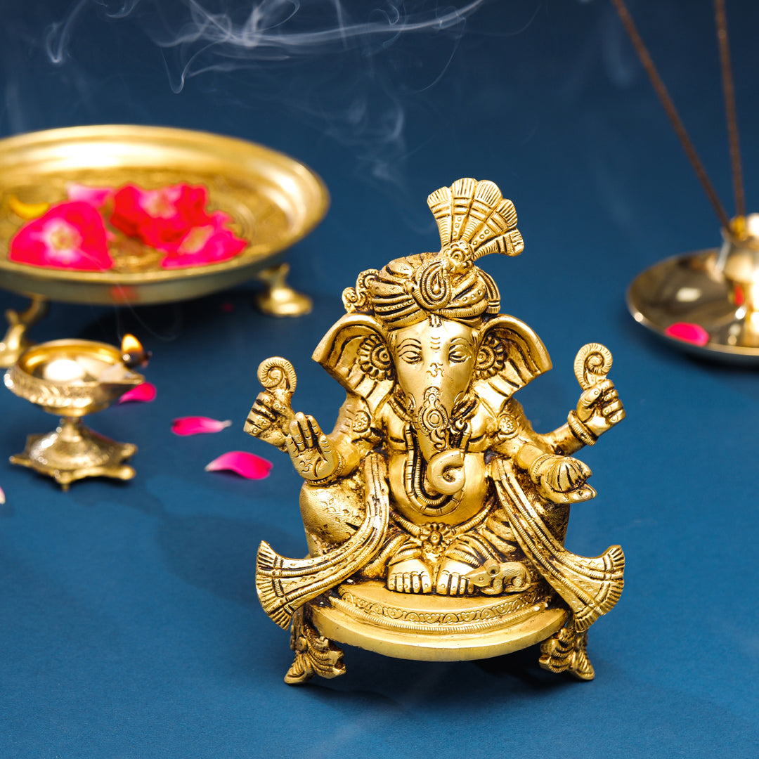 Brass Pagdi Sitting Ganesha On Chowki (7.8 Inch) Vedansh Craft