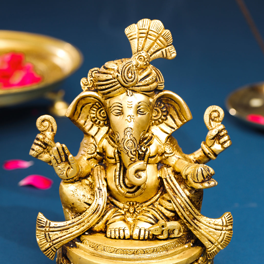 Brass Pagdi Sitting Ganesha On Chowki (7.8 Inch) Vedansh Craft