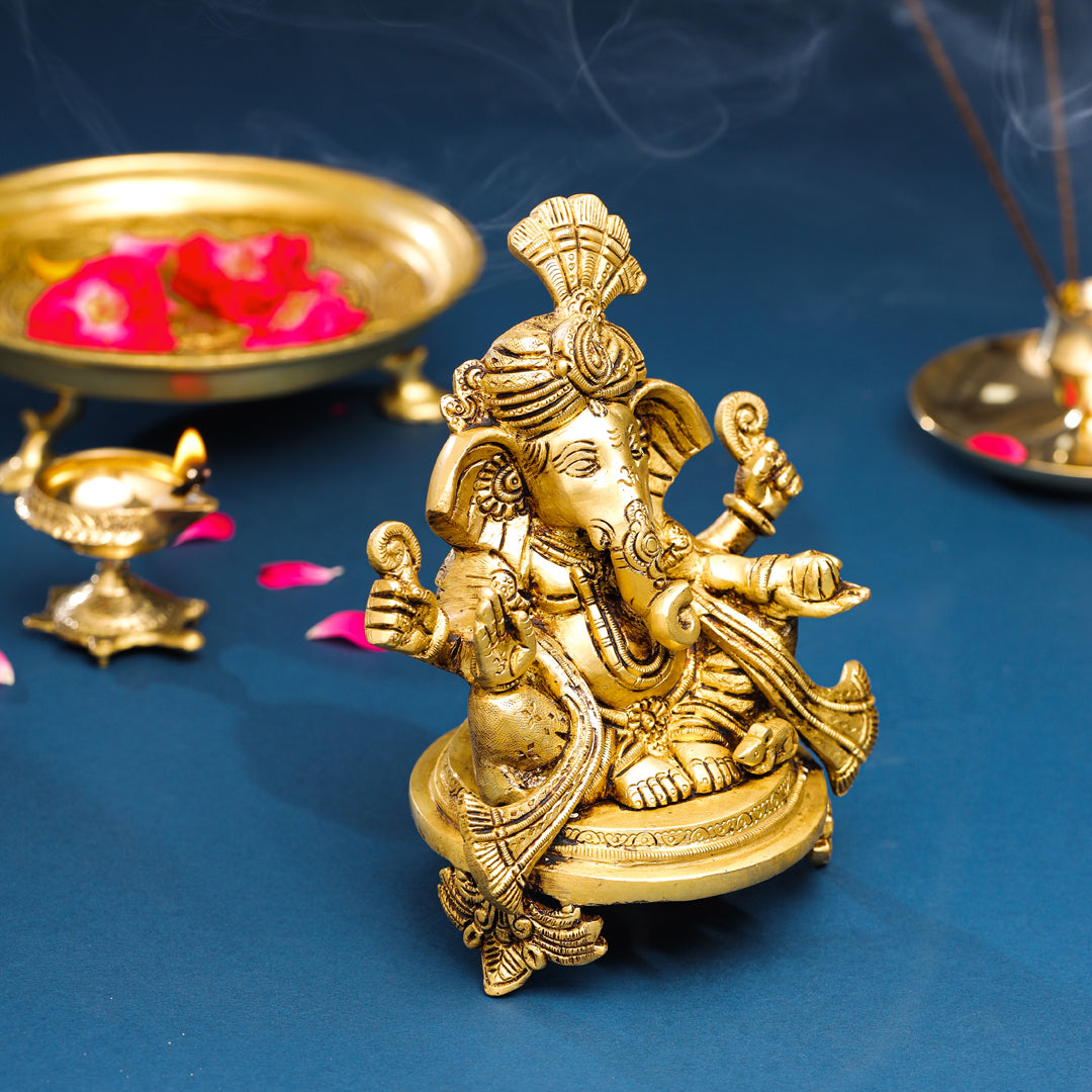 Brass Pagdi Sitting Ganesha On Chowki (7.8 Inch) Vedansh Craft