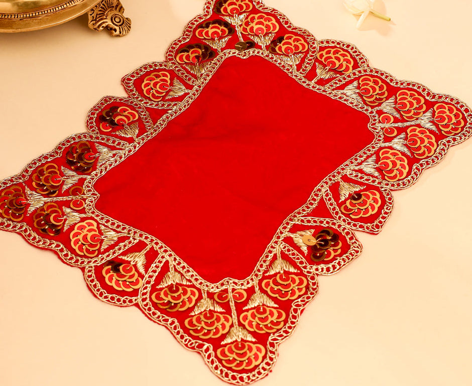 Sequin Work Red Velvet God Pooja Asana Vedansh Craft