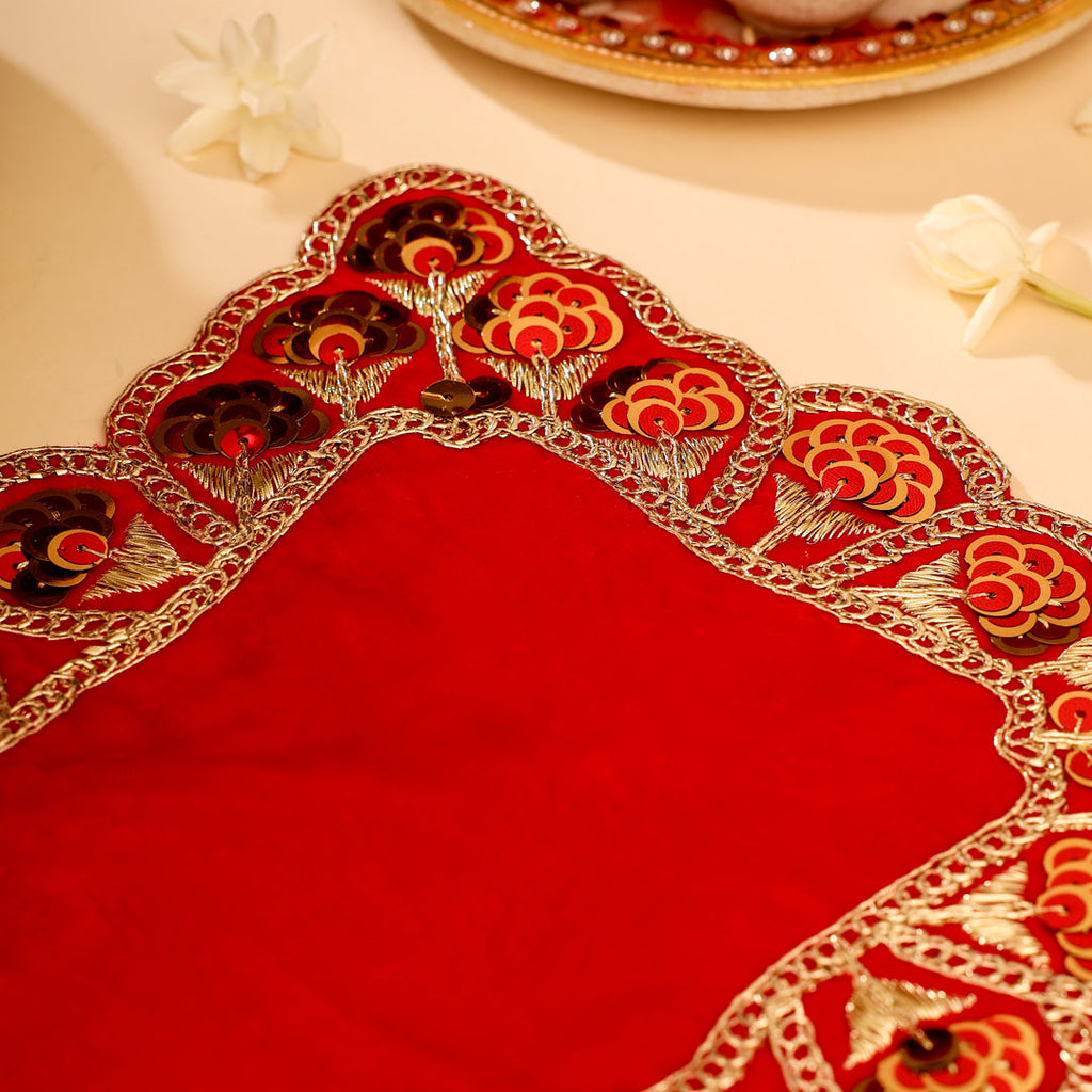 Sequin Work Red Velvet God Pooja Asana Vedansh Craft