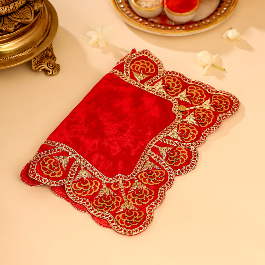 Sequin Work Red Velvet God Pooja Asana Vedansh Craft