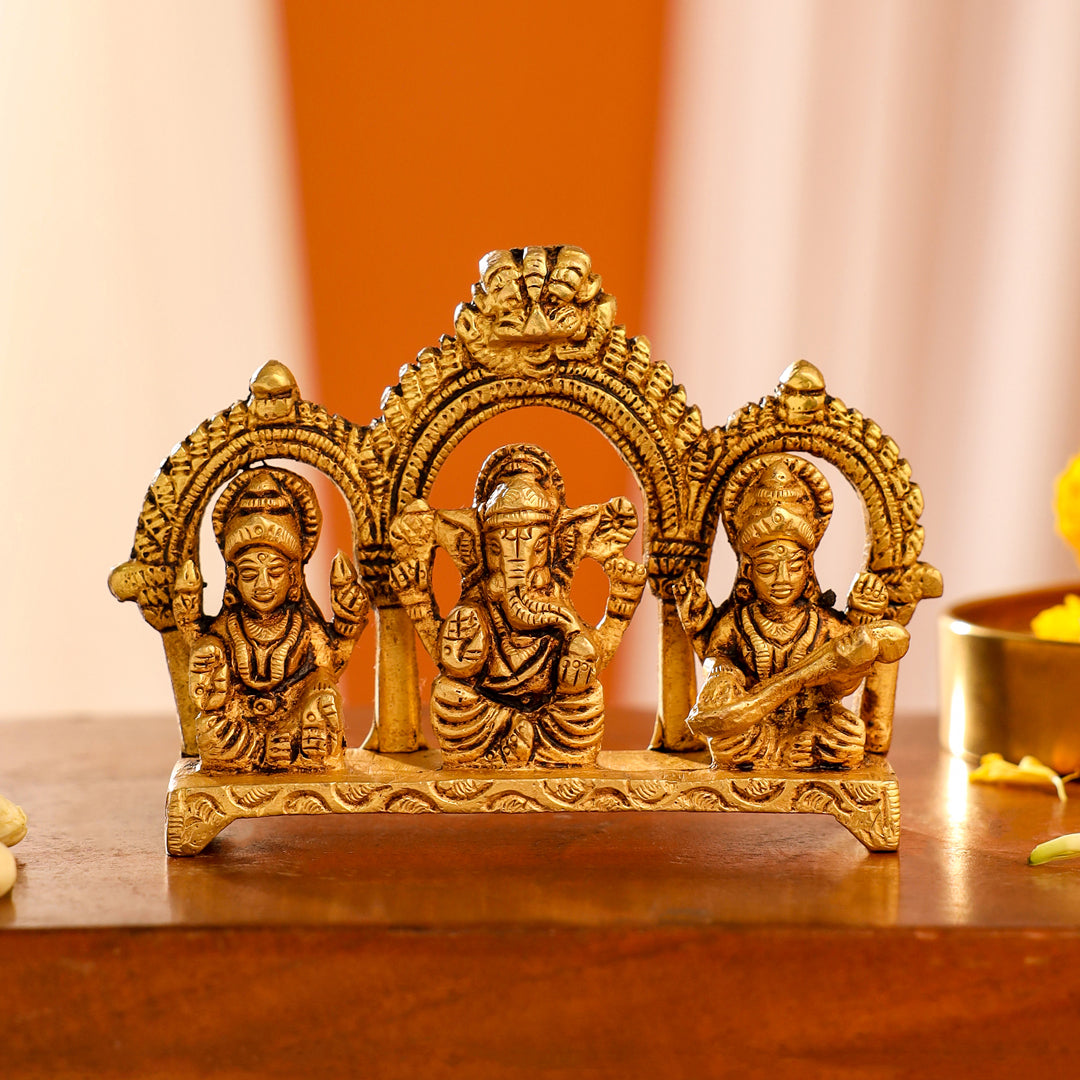 Brass Sitting Ganesha, Lakshmi And Saraswati Idols (3 Inch) Vedansh Craft