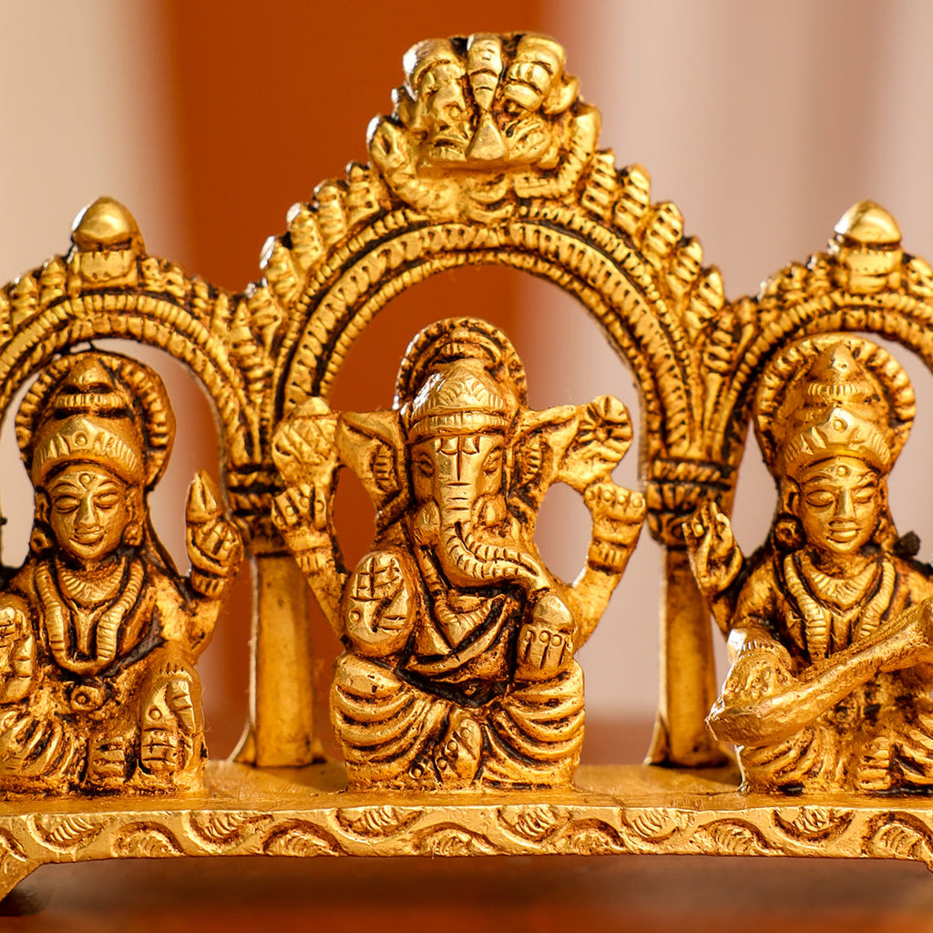 Brass Sitting Ganesha, Lakshmi And Saraswati Idols (3 Inch) Vedansh Craft
