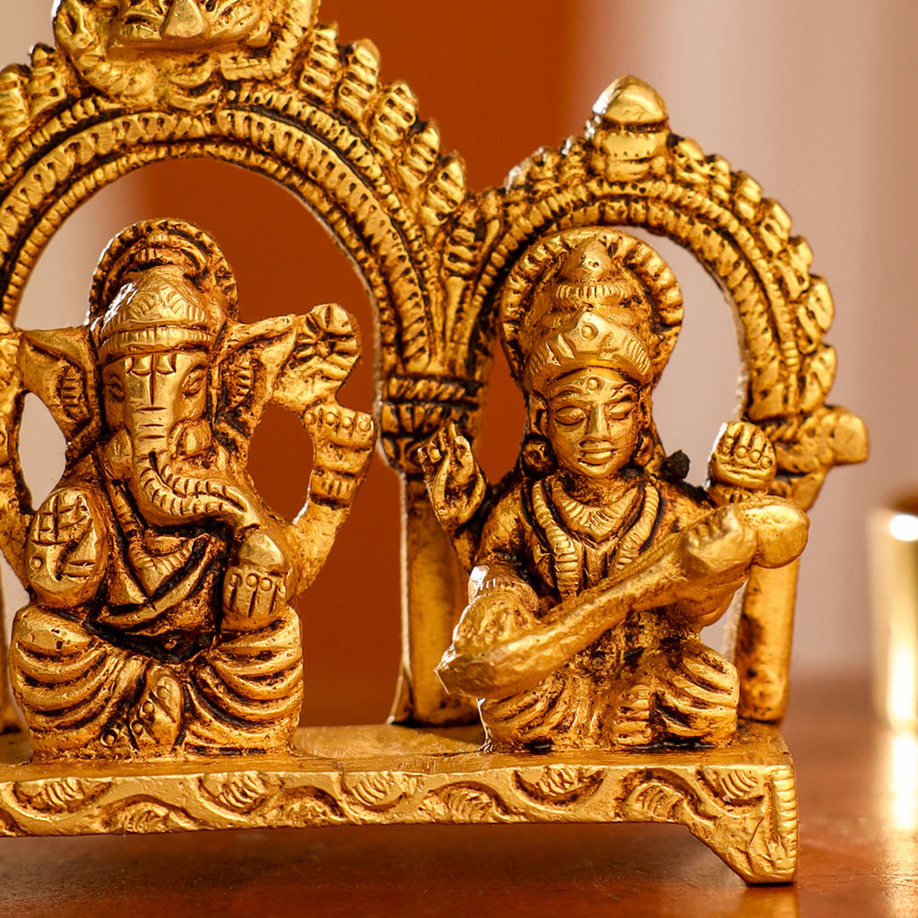 Brass Sitting Ganesha, Lakshmi And Saraswati Idols (3 Inch) Vedansh Craft