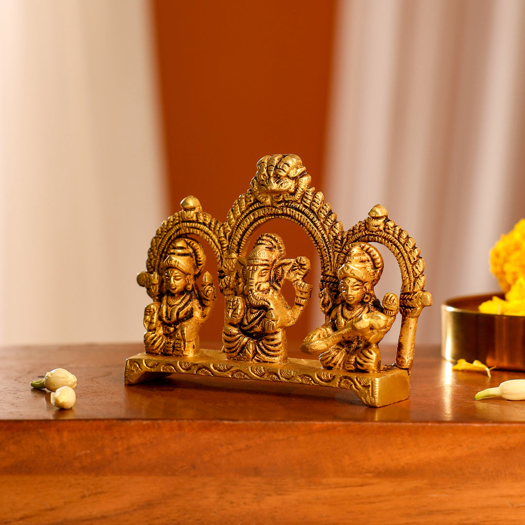 Brass Sitting Ganesha, Lakshmi And Saraswati Idols (3 Inch) Vedansh Craft