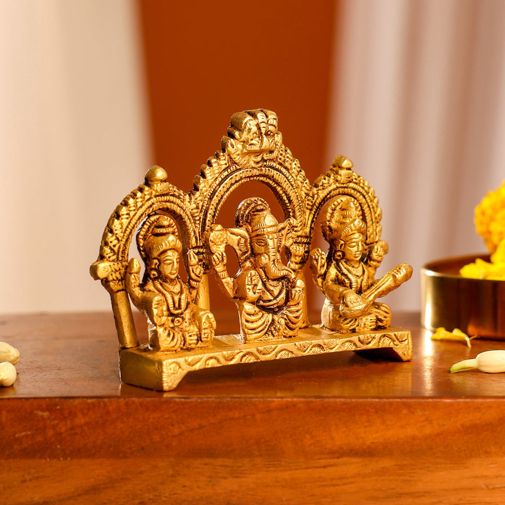 Brass Sitting Ganesha, Lakshmi And Saraswati Idols (3 Inch) Vedansh Craft