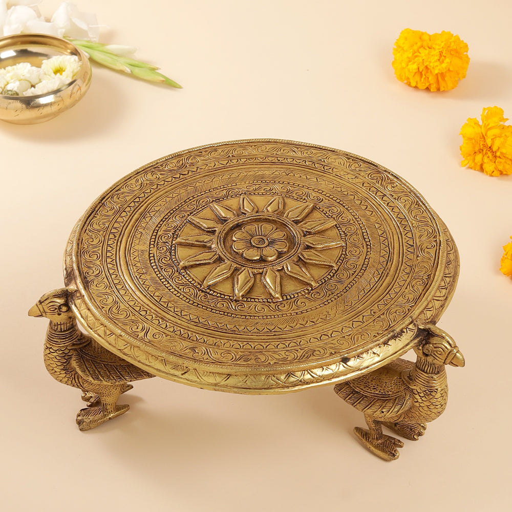 Brass Superfine Chowki With Peacock Pillars (5 Inch) Vedansh Craft