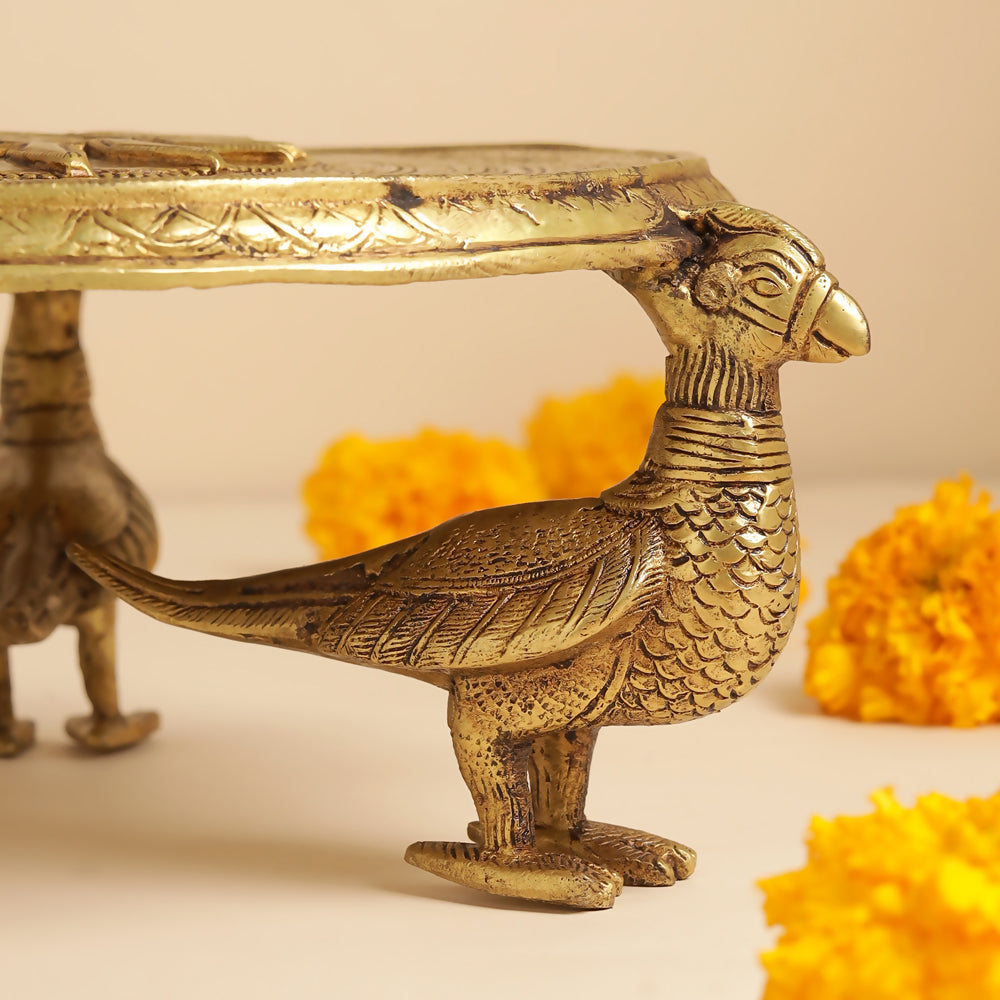 Brass Superfine Chowki With Peacock Pillars (5 Inch) Vedansh Craft