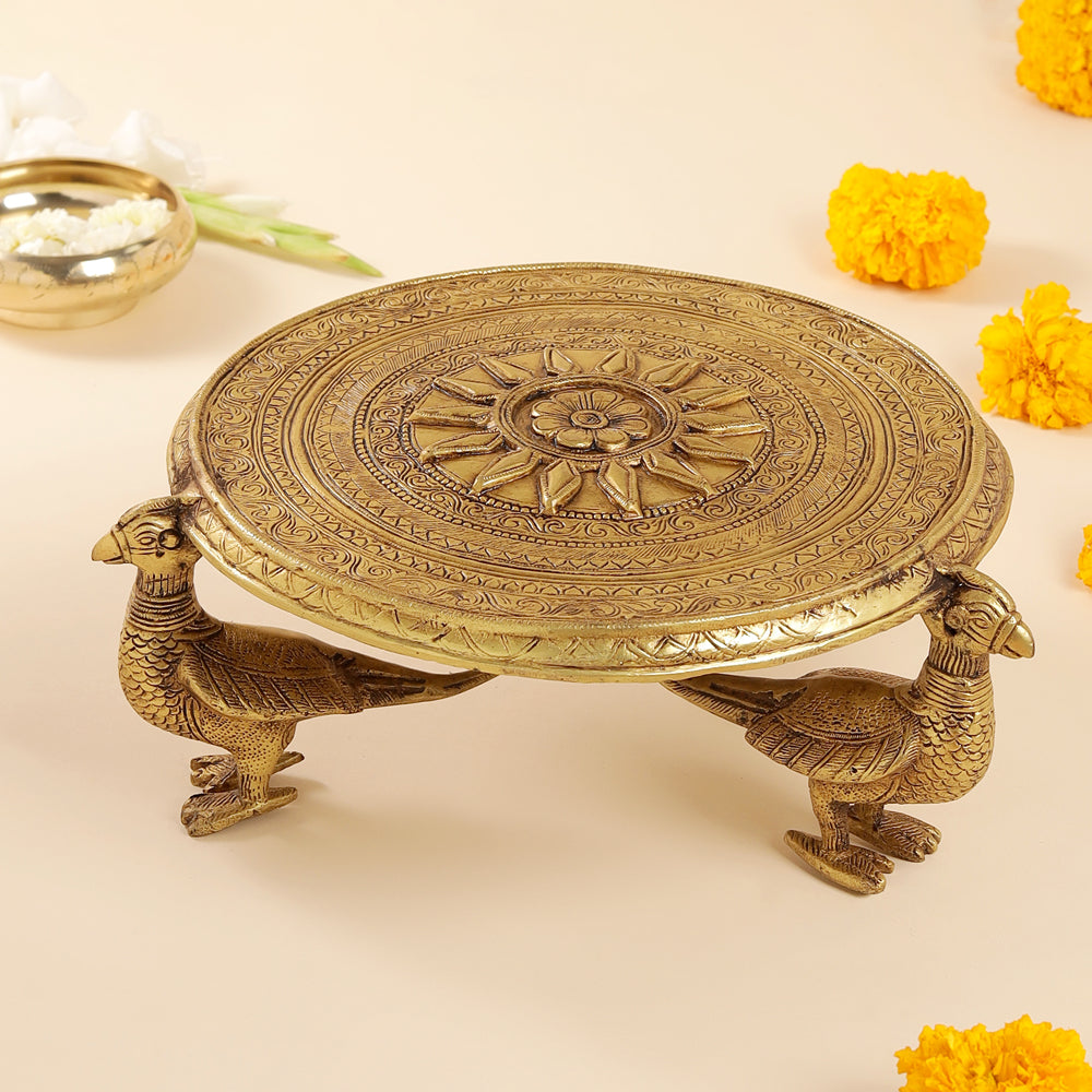 Brass Superfine Chowki With Peacock Pillars (5 Inch) Vedansh Craft